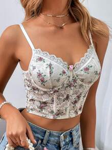 SHEIN Unity Stereo Flower Bustier Crop Lace Cami Top - Beige - View 3