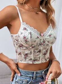 SHEIN Unity Stereo Flower Bustier Crop Lace Cami Top - Beige - View 4