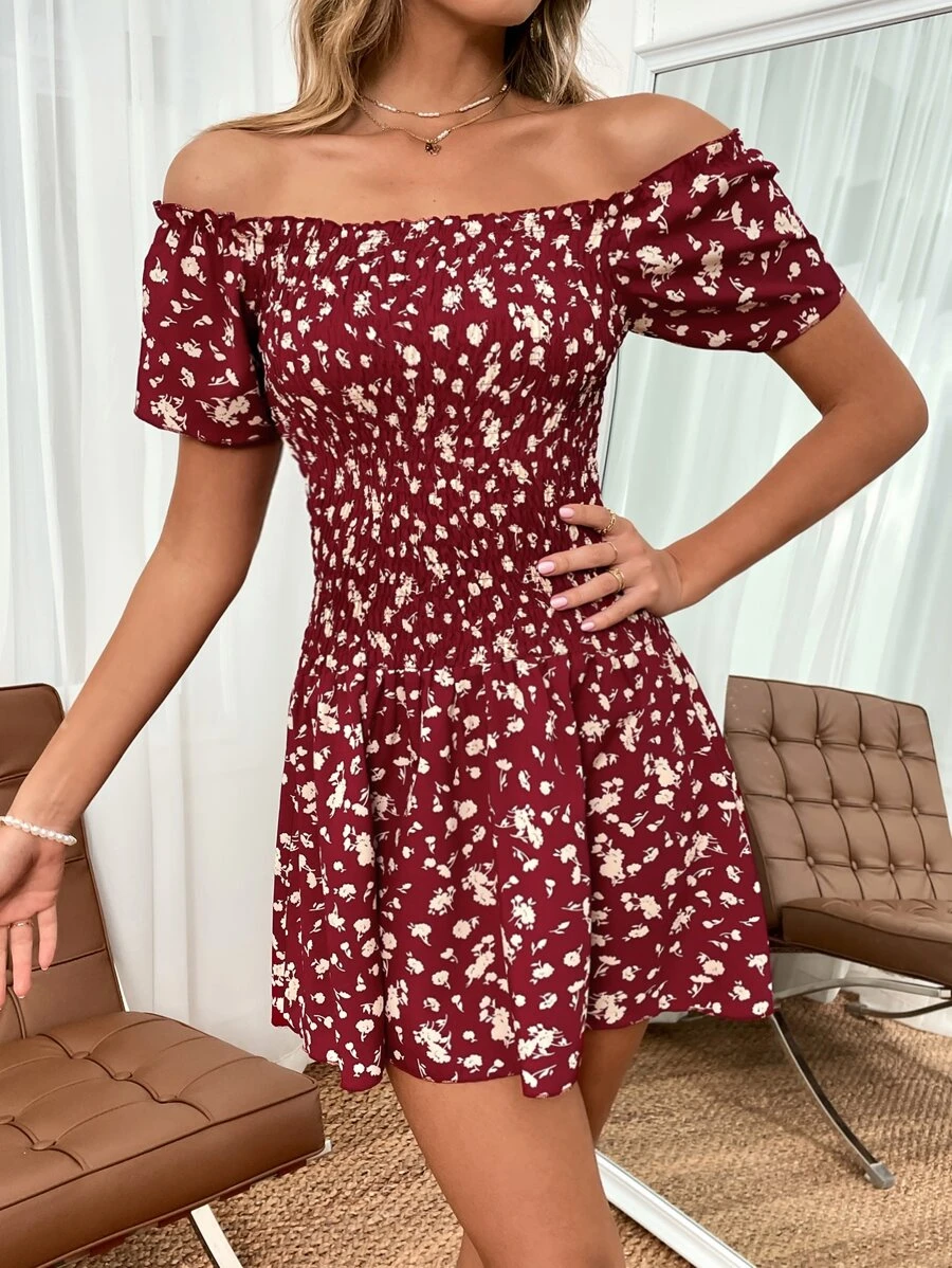 Đầm viền lá sen Dải chun Họa tiết hoa Boho - Nhiều màu - Xem 1