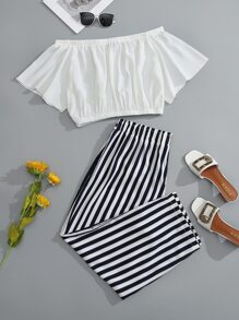 SHEIN Unity Top de hombros descubiertos & de rayas con cinturón Pantalones - Azul y blanco - Ver 2
