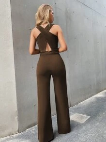 Crisscross Zip Back Jumpsuit - Coffee Brown - View 2