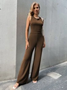 Crisscross Zip Back Jumpsuit - Coffee Brown - View 5