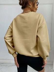 SHEIN Unity Drop Shoulder Letter Embroidery Pullover - Khaki - View 2