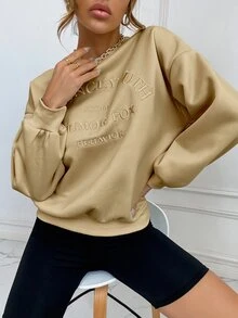 SHEIN Unity Drop Shoulder Letter Embroidery Pullover - Khaki - View 3
