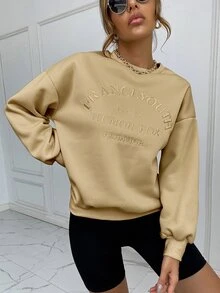 SHEIN Unity Drop Shoulder Letter Embroidery Pullover - Khaki - View 4