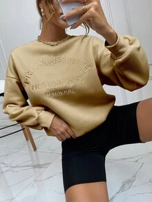 SHEIN Unity Drop Shoulder Letter Embroidery Pullover - Khaki - View 5