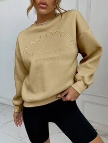 SHEIN Unity Drop Shoulder Letter Embroidery Pullover - Khaki - View 6