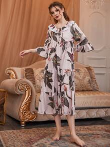 荷葉邊領口荷葉袖滿身花卉緞面睡裙 - 彩色 - 查看 3