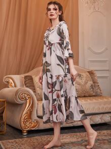 荷葉邊領口荷葉袖滿身花卉緞面睡裙 - 彩色 - 查看 5