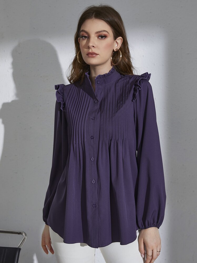 Mulvari Frill Neck Pleated Button Up Blouse - Purple - View 3