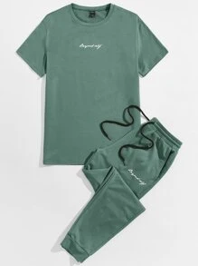 Manfinity NXTstreet Men Cotton Letter Graphic Tee & Drawstring Waist Sweatpants - Mint Green - View 1