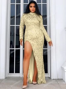 Plus Mock Neck Split Thigh Sequins Prom Dress