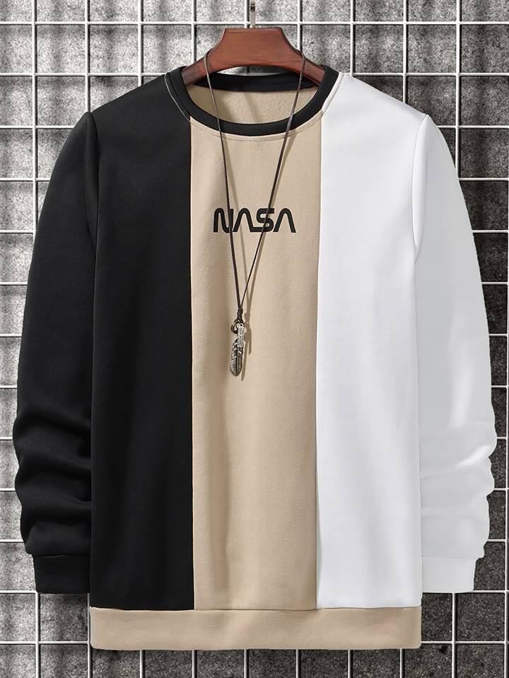 men letter graphic colorblock thermal lined sweatshirt