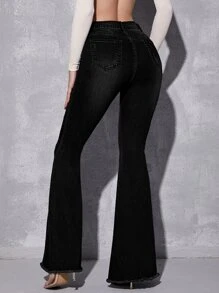 Quần jean nữ Nút Hem thô Bị tách màu trơn - màu đen - Xem 2