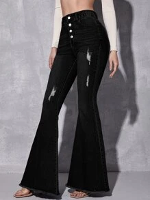 Quần jean nữ Nút Hem thô Bị tách màu trơn - màu đen - Xem 4