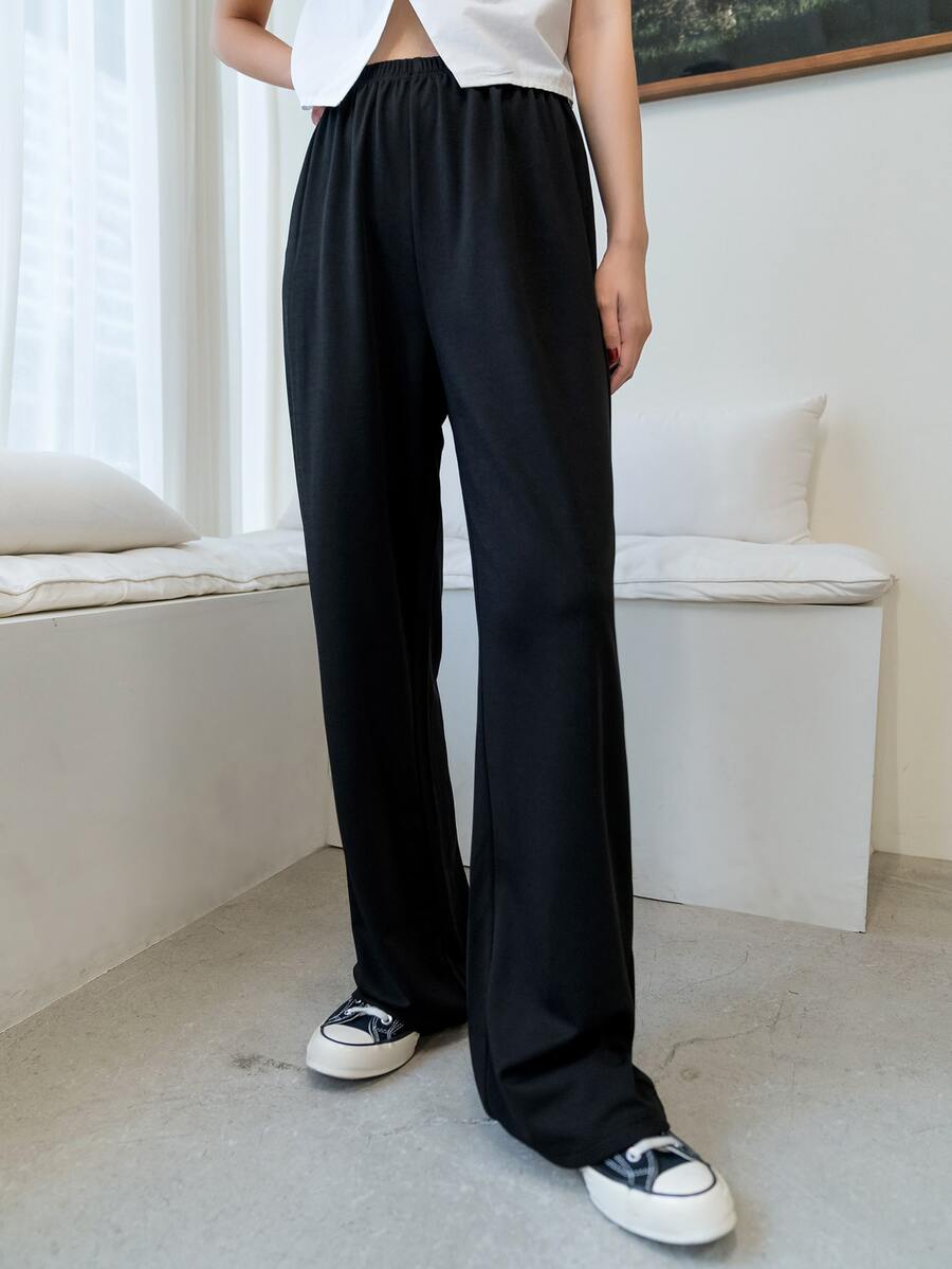 DAZY Solid Elastic Waist Trousers - Black - View 1