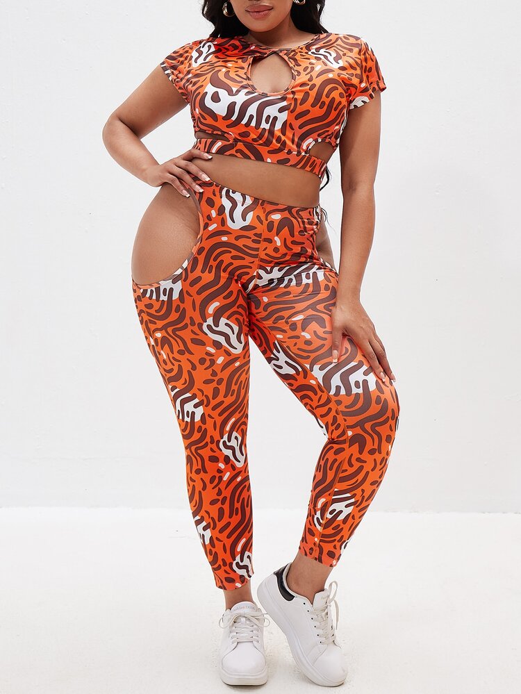 con estampado de cuello con abertura de ojo Camiseta corta & con abertura Leggings Conjunto deportivo - Multicolor - Añade 4