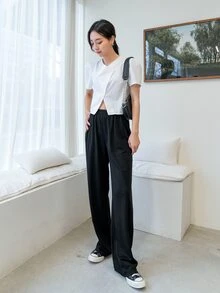 DAZY Solid Elastic Waist Trousers - Black - View 4