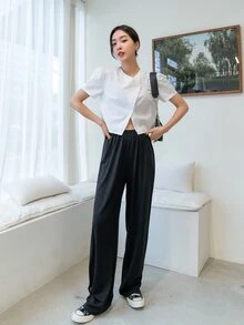DAZY Solid Elastic Waist Trousers - Black - View 5