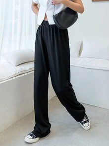 DAZY Solid Elastic Waist Trousers - Black - View 8
