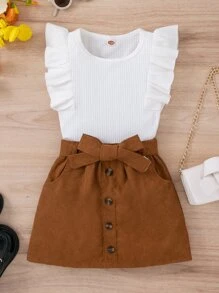 SHEIN Tween Girl Ruffle Trim Top & Belted Skirt - Multicolor - View 1