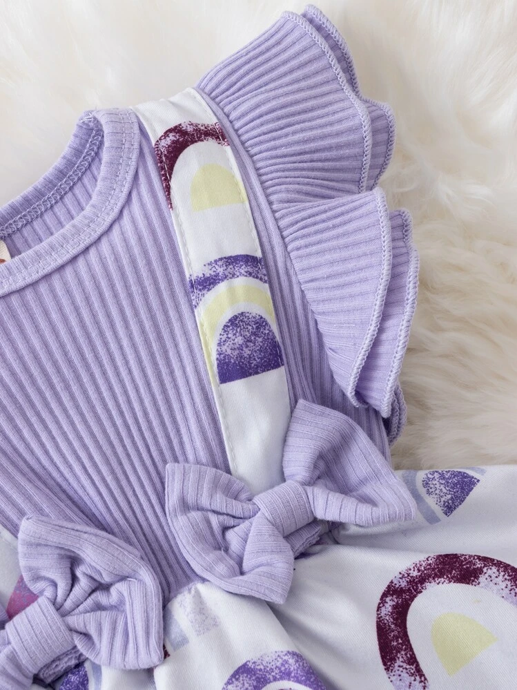 Bebé con estampado de arcoíris ribete con fruncido con lazo delantero Body & Diadema - Multicolor - Añade 6