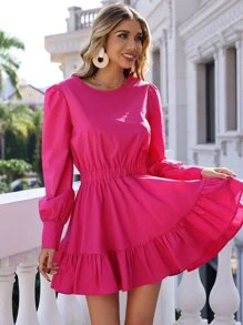 Vestido de manga farol bajo con fruncido - Rosa Fucsia - Ver 5