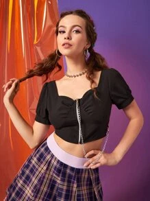 Puff Sleeve Zip Up Blouse With Chain - Black - View 1