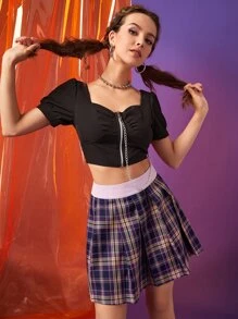 Puff Sleeve Zip Up Blouse With Chain - Black - View 3