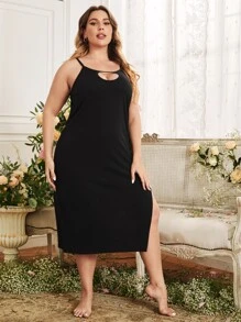 大碼鏤空高衩吊帶睡裙 - 黑色 - 查看 4