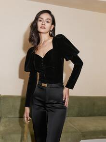 Gigot Sleeve Button Detail Velvet Top - Black - View 3