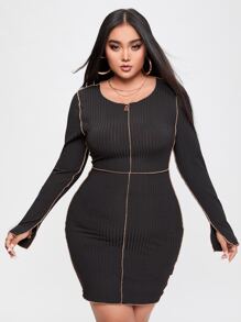 Plus Slit Cuff Top-stitching Bodycon Dress - Black - View 1