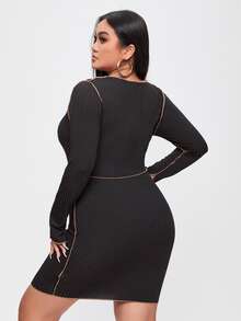 Plus Slit Cuff Top-stitching Bodycon Dress - Black - View 2