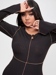 Plus Slit Cuff Top-stitching Bodycon Dress - Black - View 4