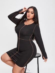Plus Slit Cuff Top-stitching Bodycon Dress - Black - View 5