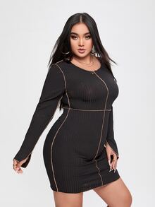 Plus Slit Cuff Top-stitching Bodycon Dress - Black - View 6