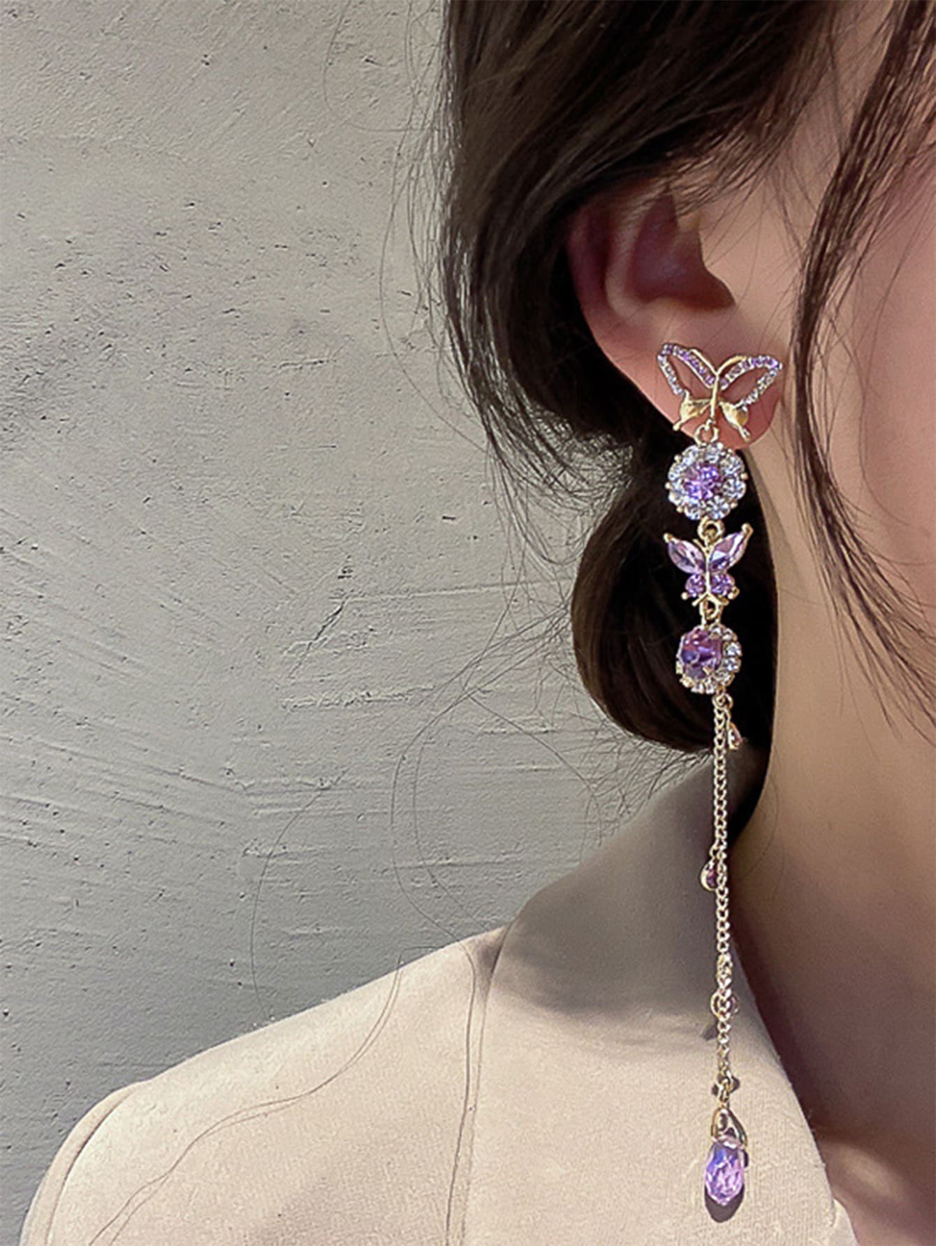 1對水鑽吊墜鏈條耳墜 - 紫色 - 查看 1