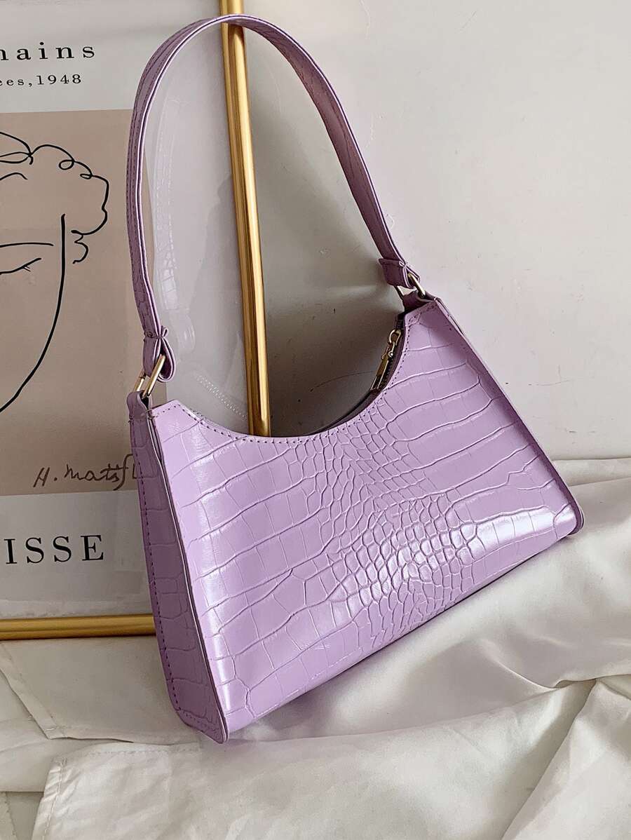 Crocodile Embossed Shoulder Bag - Purple - View 1