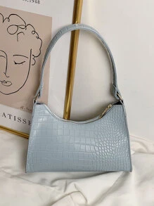 Crocodile Embossed Bag Handbag,Shoulder Bag Minimalist,Casual Lightweight,Portable For Women, Rookies & White-Collar Workers,For Teacher Gifts,For Girl,For Woman Gift Bag,Work ,Business,Commute,Shopping - Blue - View 2