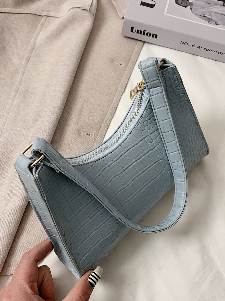 鱷魚紋法式小手提袋,背包,極簡主義,輕巧,便攜,適用於女性,新手和白領工人,適用於教師禮物,女孩,女人禮物袋,工作,商務,通勤,購物 - 藍色 - 查看 5