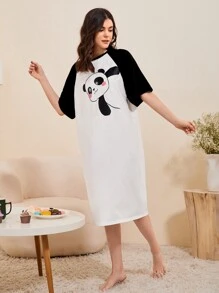 SHEIN Unity 熊貓印花插肩袖睡裙 - 白色 - 查看 1