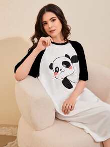 SHEIN Unity 熊貓印花插肩袖睡裙 - 白色 - 查看 3