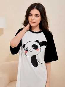 SHEIN Unity 熊貓印花插肩袖睡裙 - 白色 - 查看 5