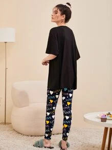 SHEIN Unity Conjunto de pijama con estampado de corazón y letra de hombros caídos - Negro - Ver 2