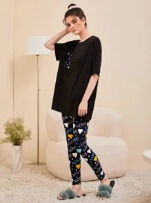 SHEIN Unity Conjunto de pijama con estampado de corazón y letra de hombros caídos - Negro - Ver 4