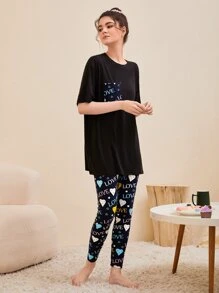 SHEIN Unity Conjunto de pijama con estampado de corazón y letra de hombros caídos - Negro - Ver 5