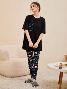 SHEIN Unity Conjunto de pijama con estampado de corazón y letra de hombros caídos - Negro - Ver 6