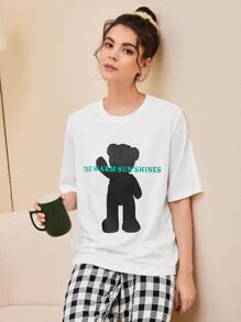 SHEIN Unity Áo ngủ Nữ Hoạt hình Slogan Dễ thương - trắng - Xem 1