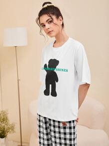 SHEIN Unity Áo ngủ Nữ Hoạt hình Slogan Dễ thương - trắng - Xem 3