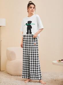 SHEIN Unity Áo ngủ Nữ Hoạt hình Slogan Dễ thương - trắng - Xem 4